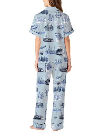 New Orleans Toile Silky Satin Pajama Pants Set For Women