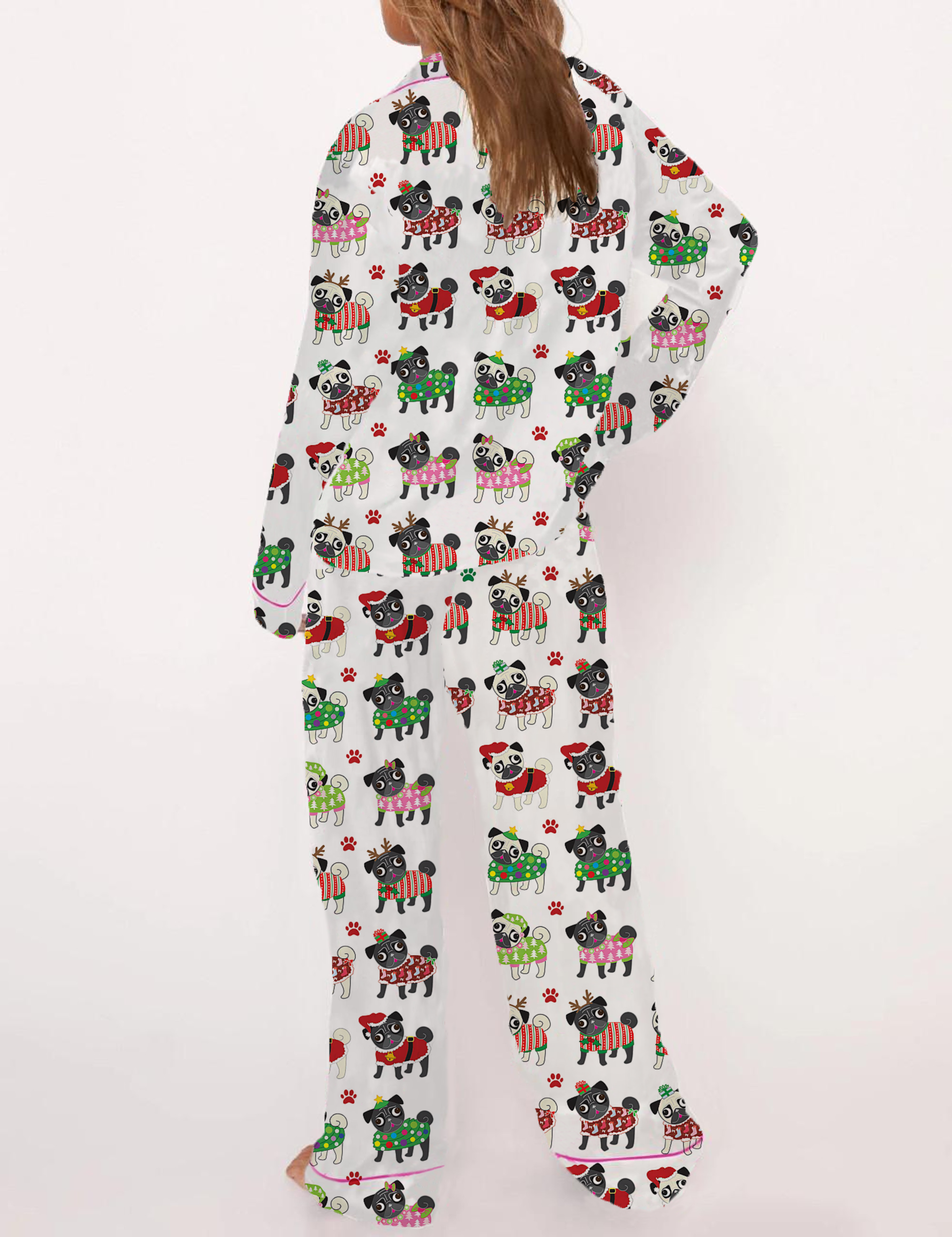 Christmas Ugly Sweater Pug Silky Satin Pajama Short Set For Women