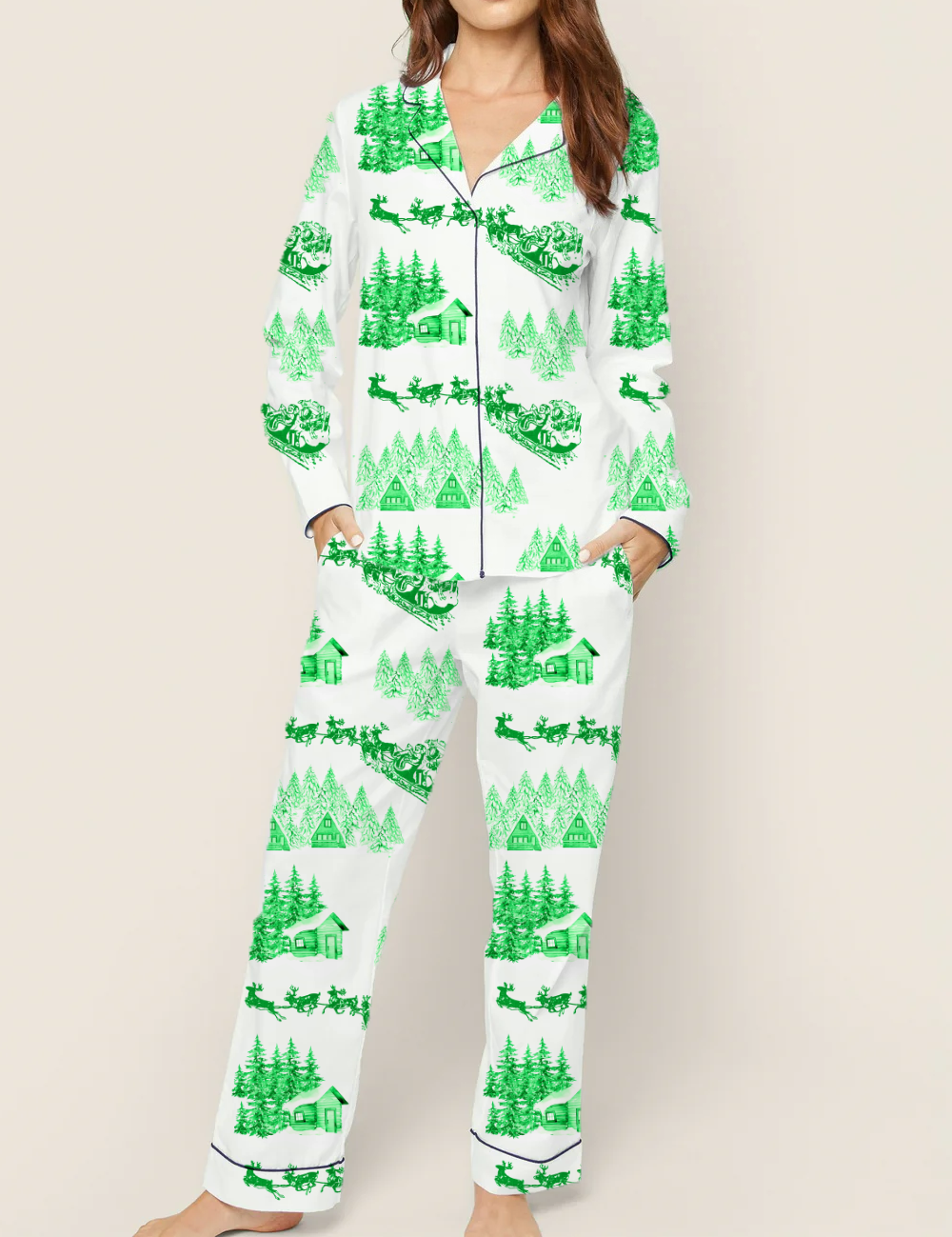 Christmas Theme Toile Silky Satin Pajama Set For Women