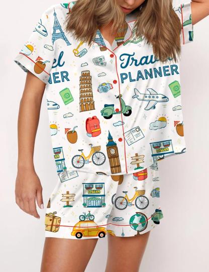 Travel Planner Satin Pajama Set For Women