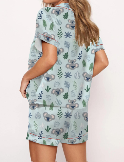  Blue koala Print Satin Pajama Short Set