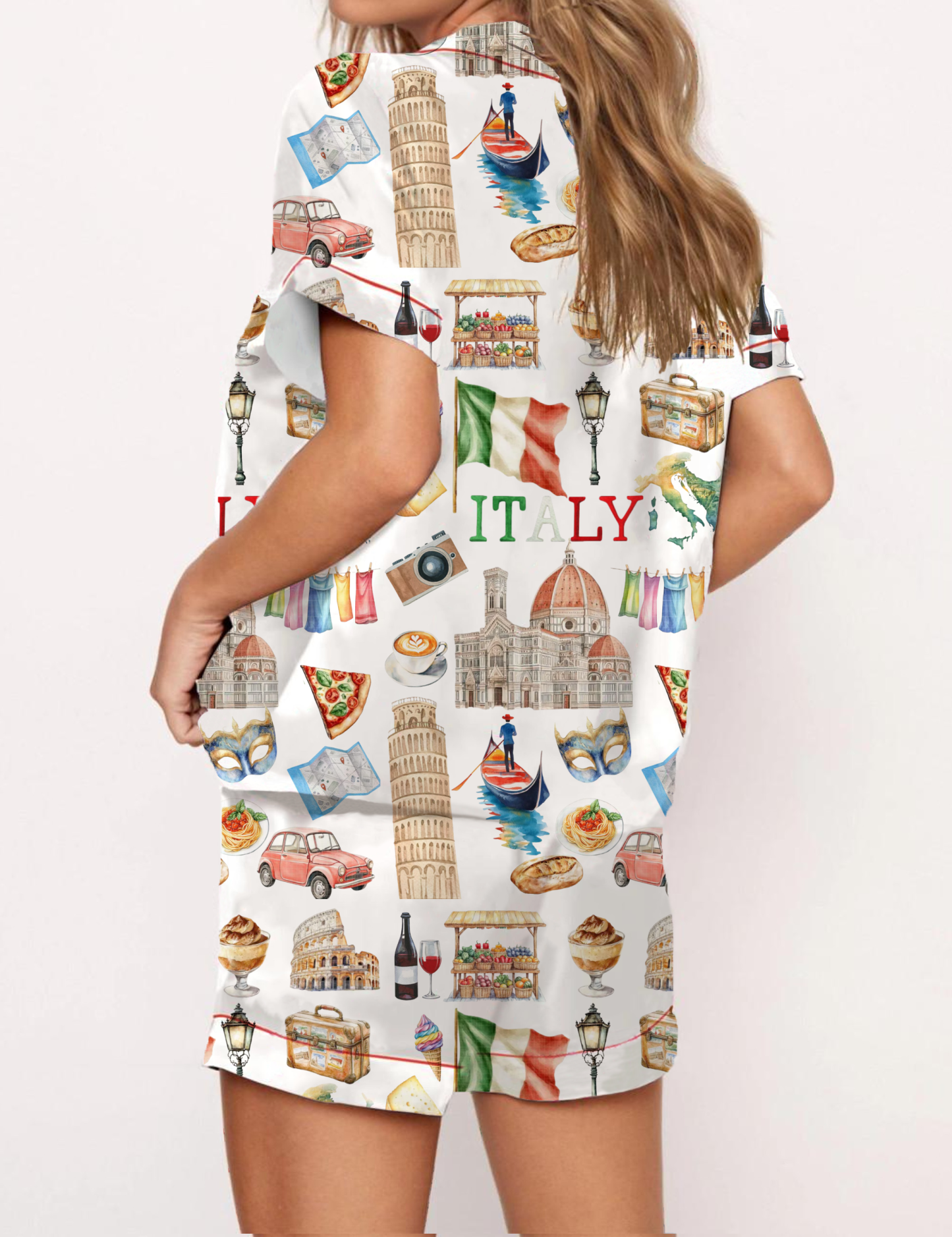Italy Travel Silky Satin Pajama Short Set For Women