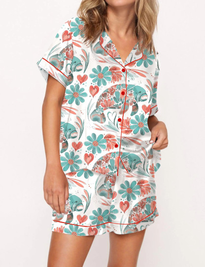 Boho Floral Manatee Silky Satin Pajama Set For Women