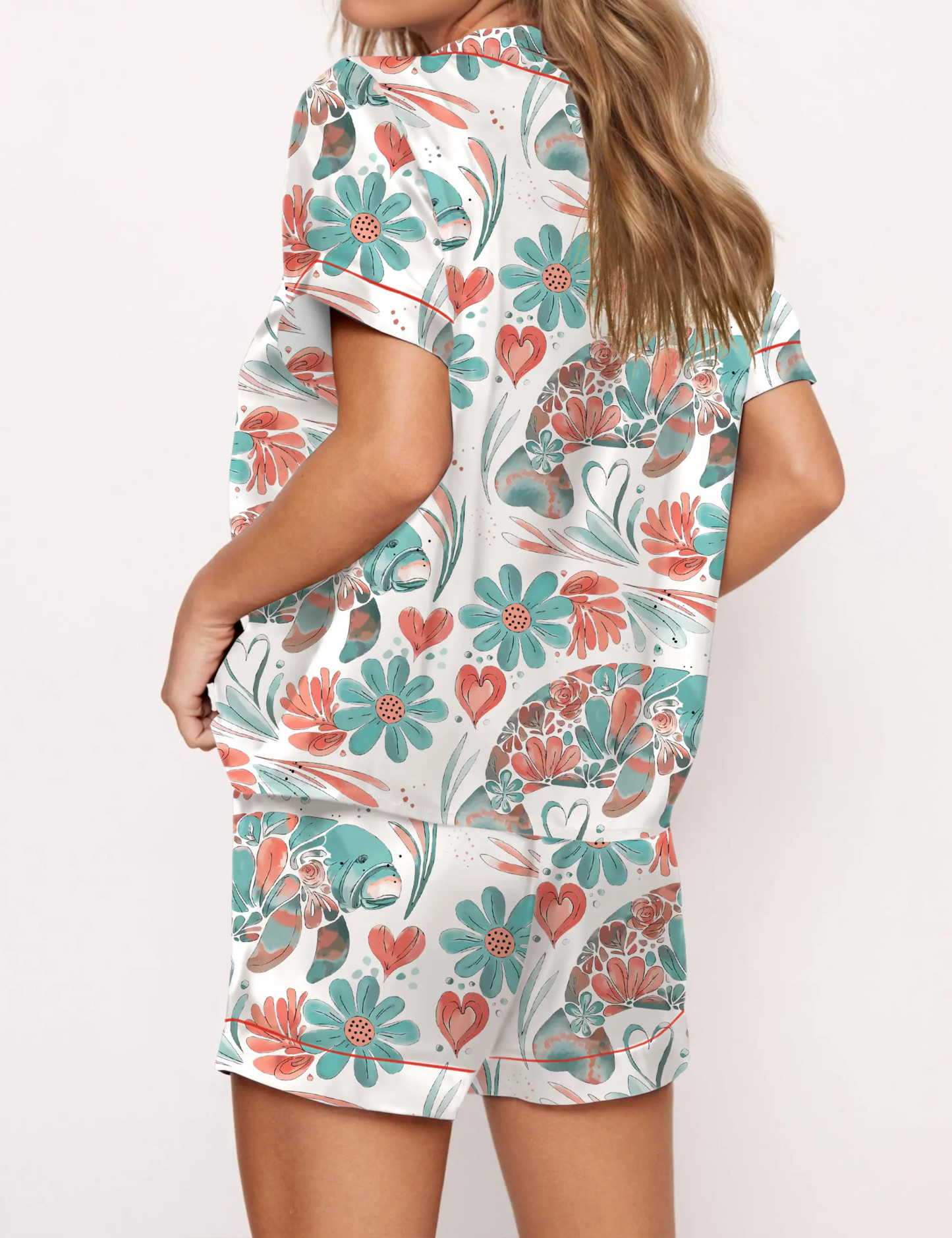 Boho Floral Manatee Silky Satin Pajama Set For Women