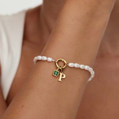 Pearl Birthstone Cross Charm Bracelet