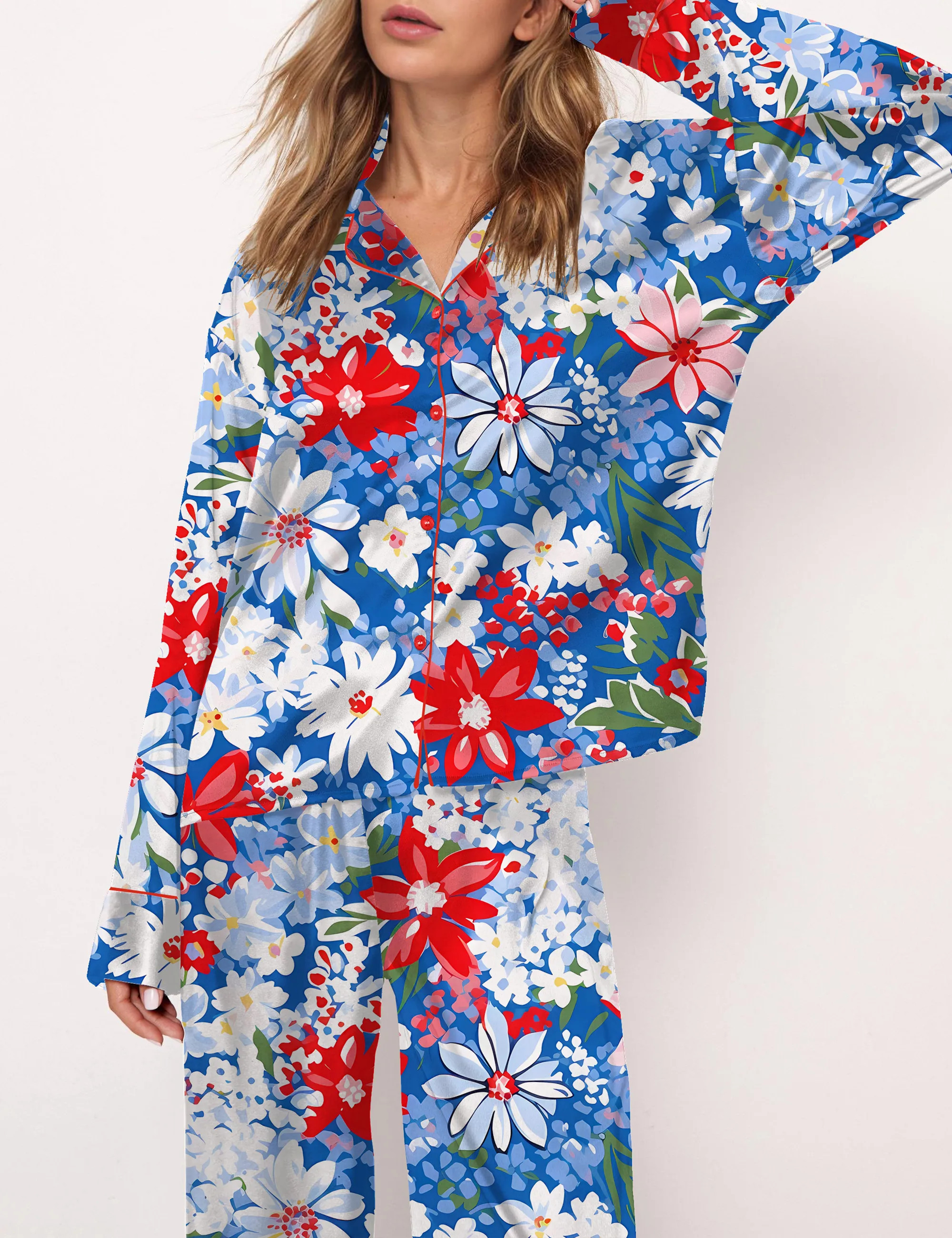4th Of July Floral Silky Satin Pajama Set For Women