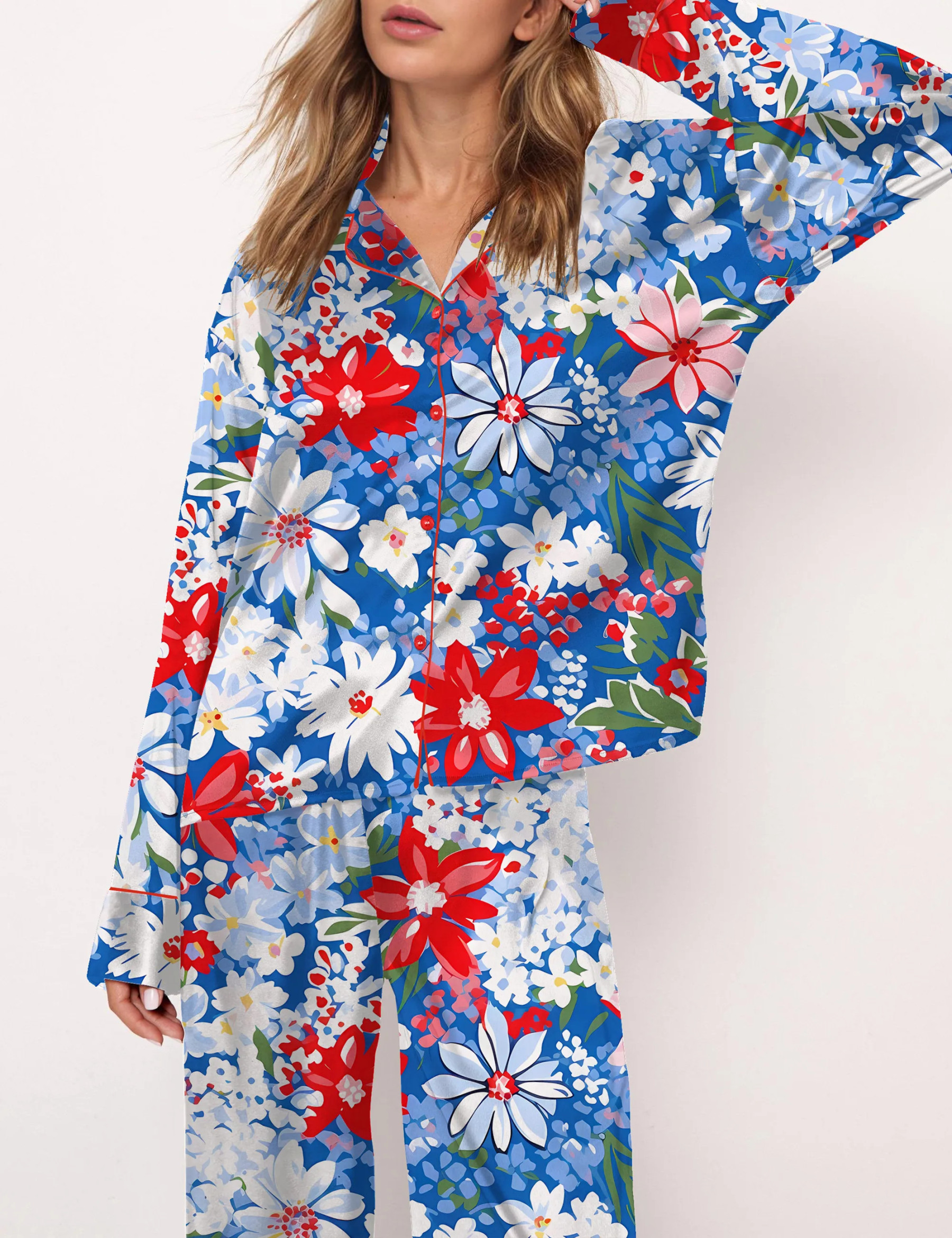 4th Of July Floral Silky Satin Pajama Set For Women