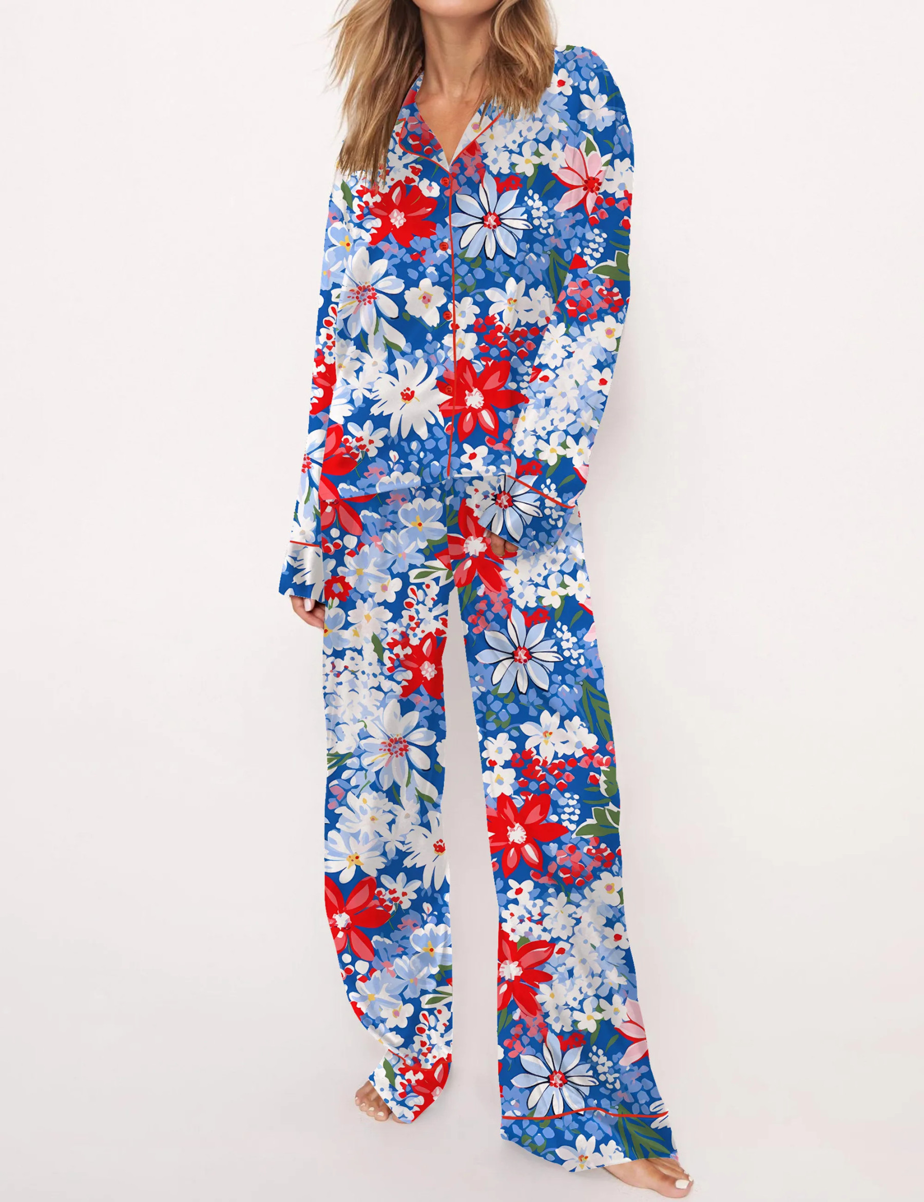 4th Of July Floral Silky Satin Pajama Set For Women