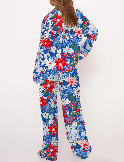 4th Of July Floral Silky Satin Pajama Set For Women
