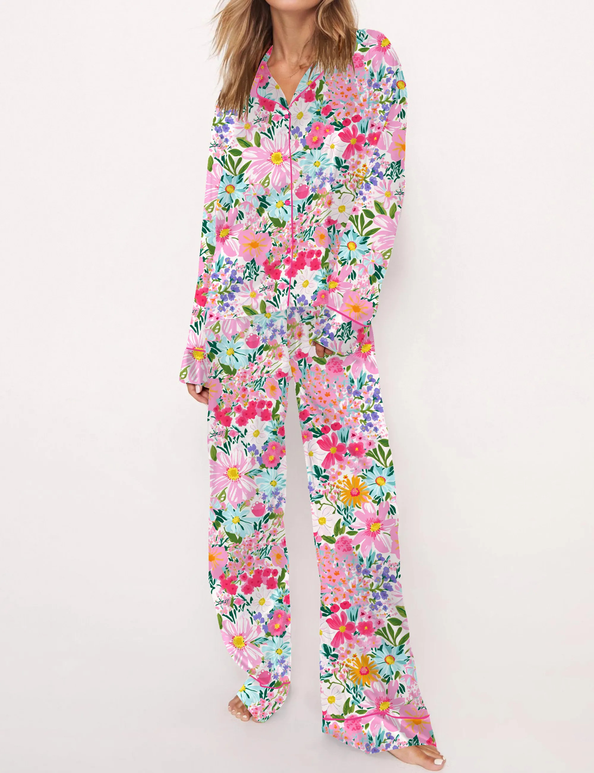 Floral Silky Satin Pajama Set For Women