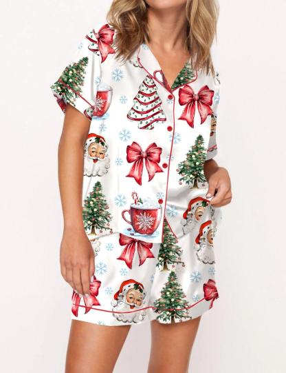 Retro Coquette Christmas Satin Pajama Set For Women