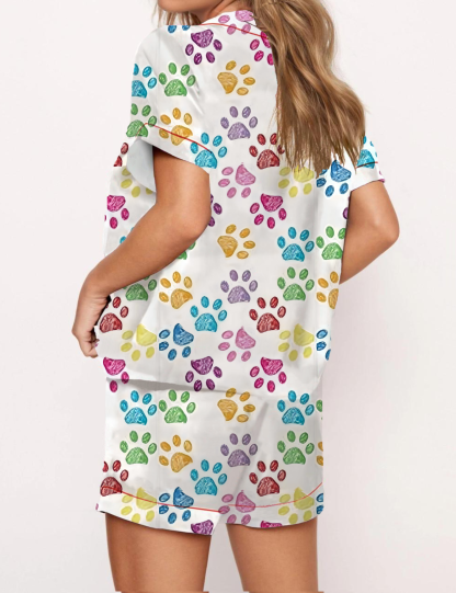 Colorful Dog Paw Print Satin Pajama Short Set