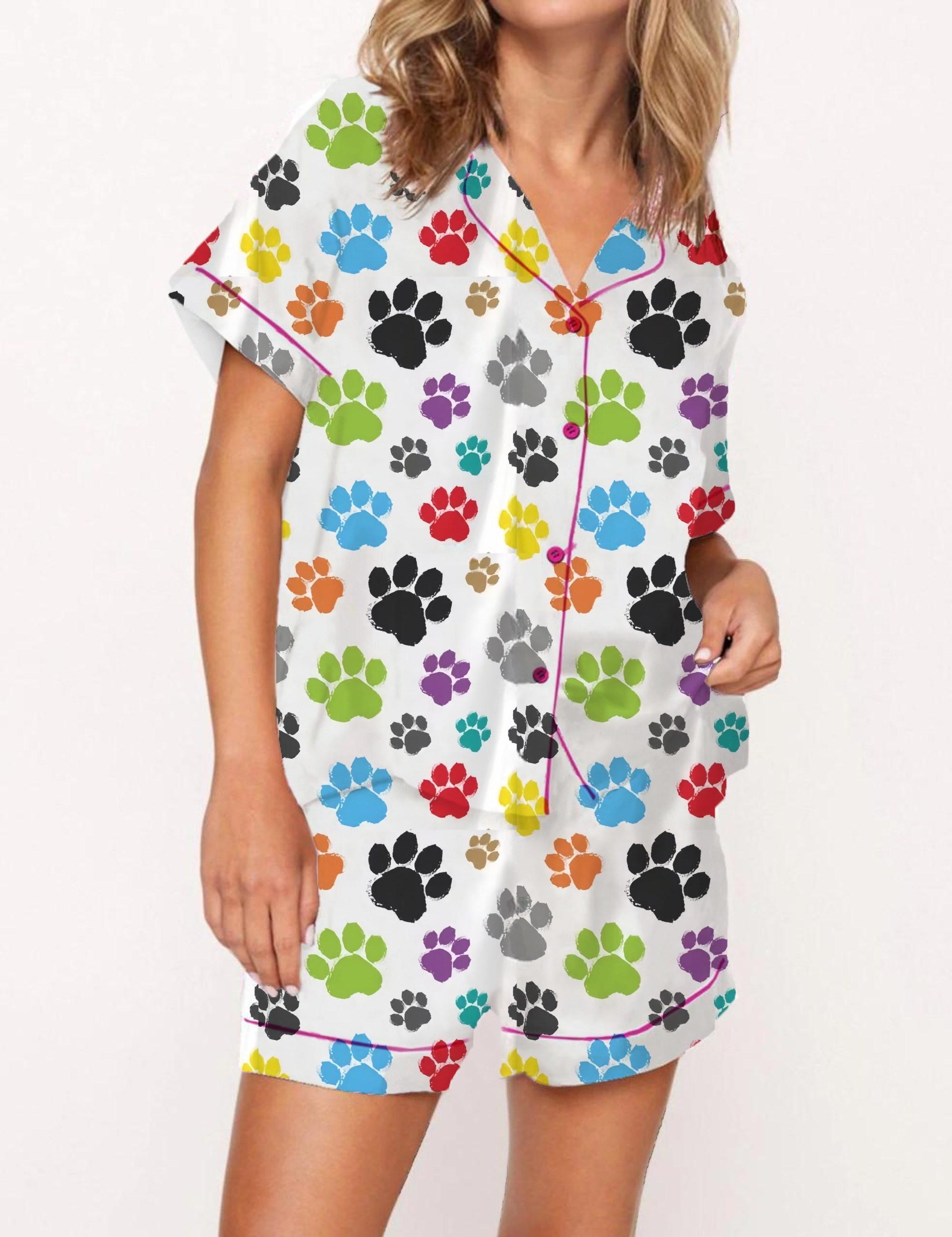 Colorful Dog Paw Print Satin Pajama Short Set
