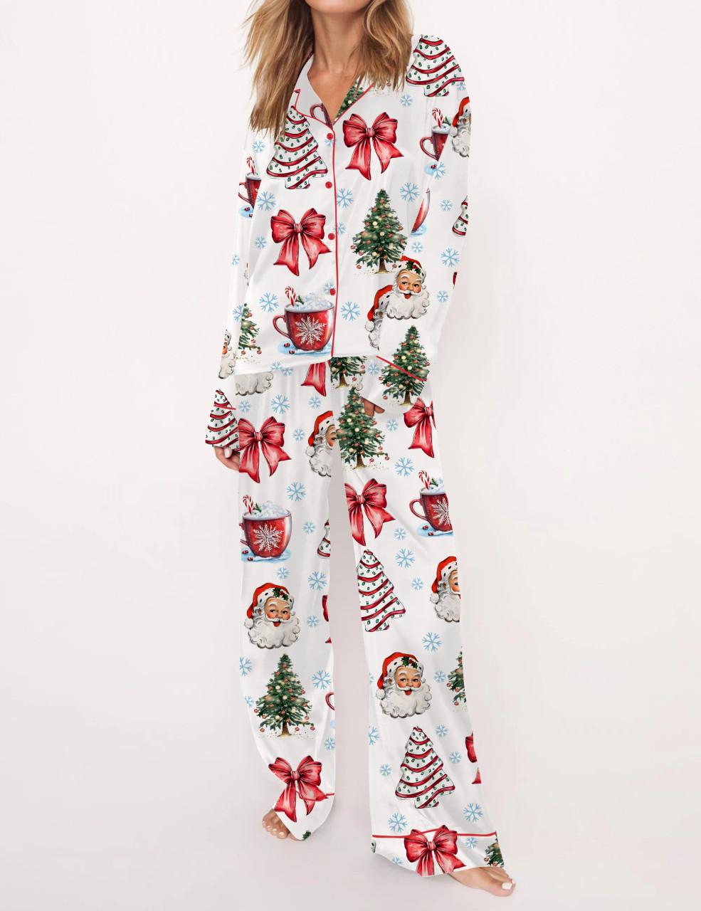 Retro Coquette Christmas Satin Pajama Set For Women