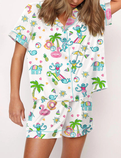Pool Party Monkey Satin Pajama Set For Women