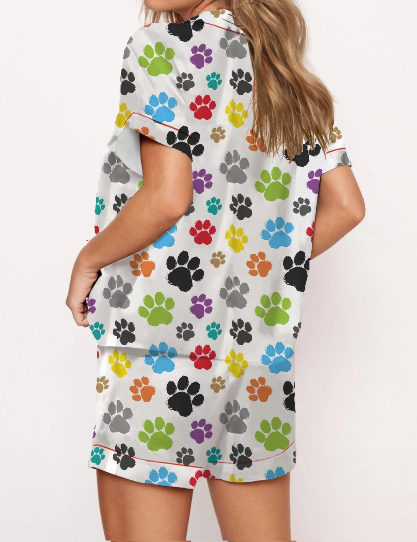 Colorful Dog Paw Print Satin Pajama Short Set
