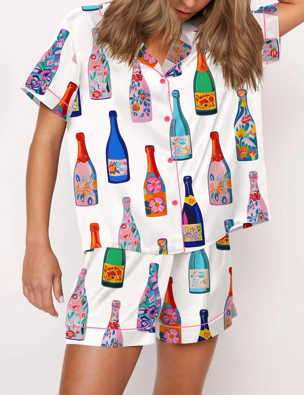 Floral Champagne Bottle Satin Pajama Set For Women