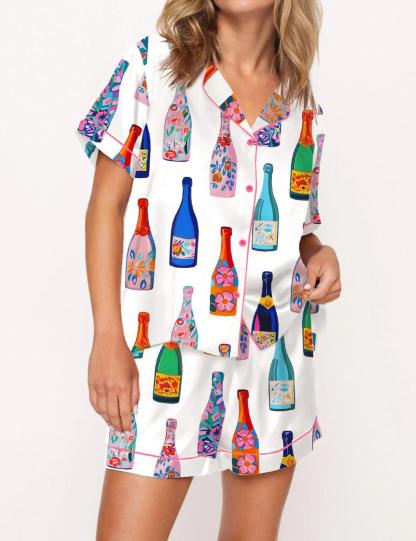Floral Champagne Bottle Satin Pajama Set For Women