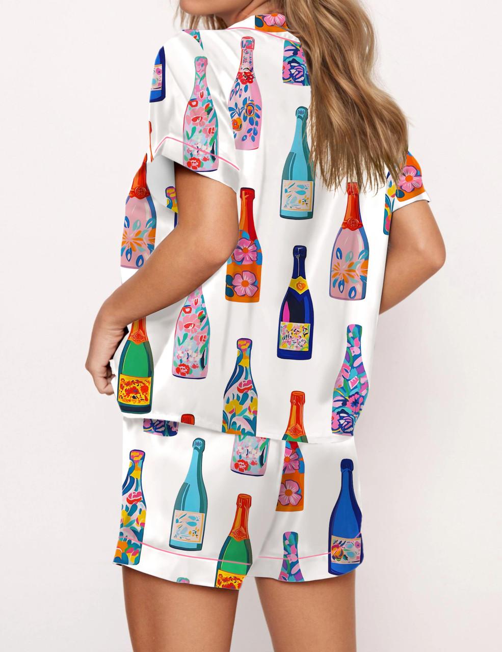 Floral Champagne Bottle Satin Pajama Set For Women