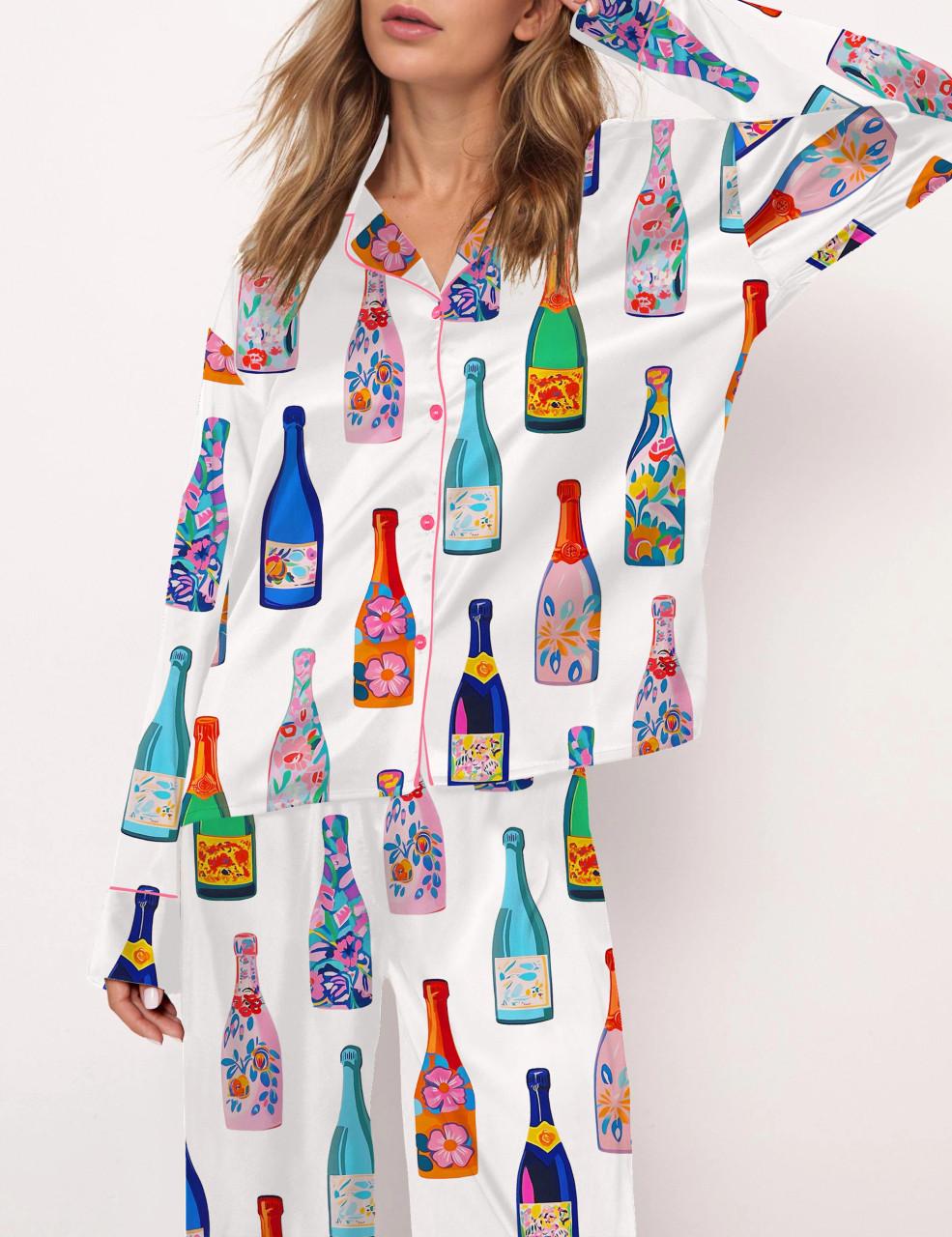 Floral Champagne Bottle Satin Pajama Set For Women