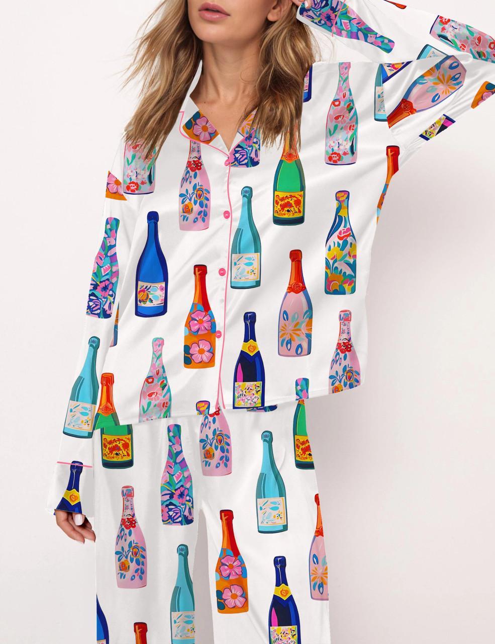 Floral Champagne Bottle Satin Pajama Set For Women