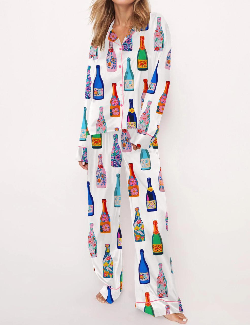 Floral Champagne Bottle Satin Pajama Set For Women