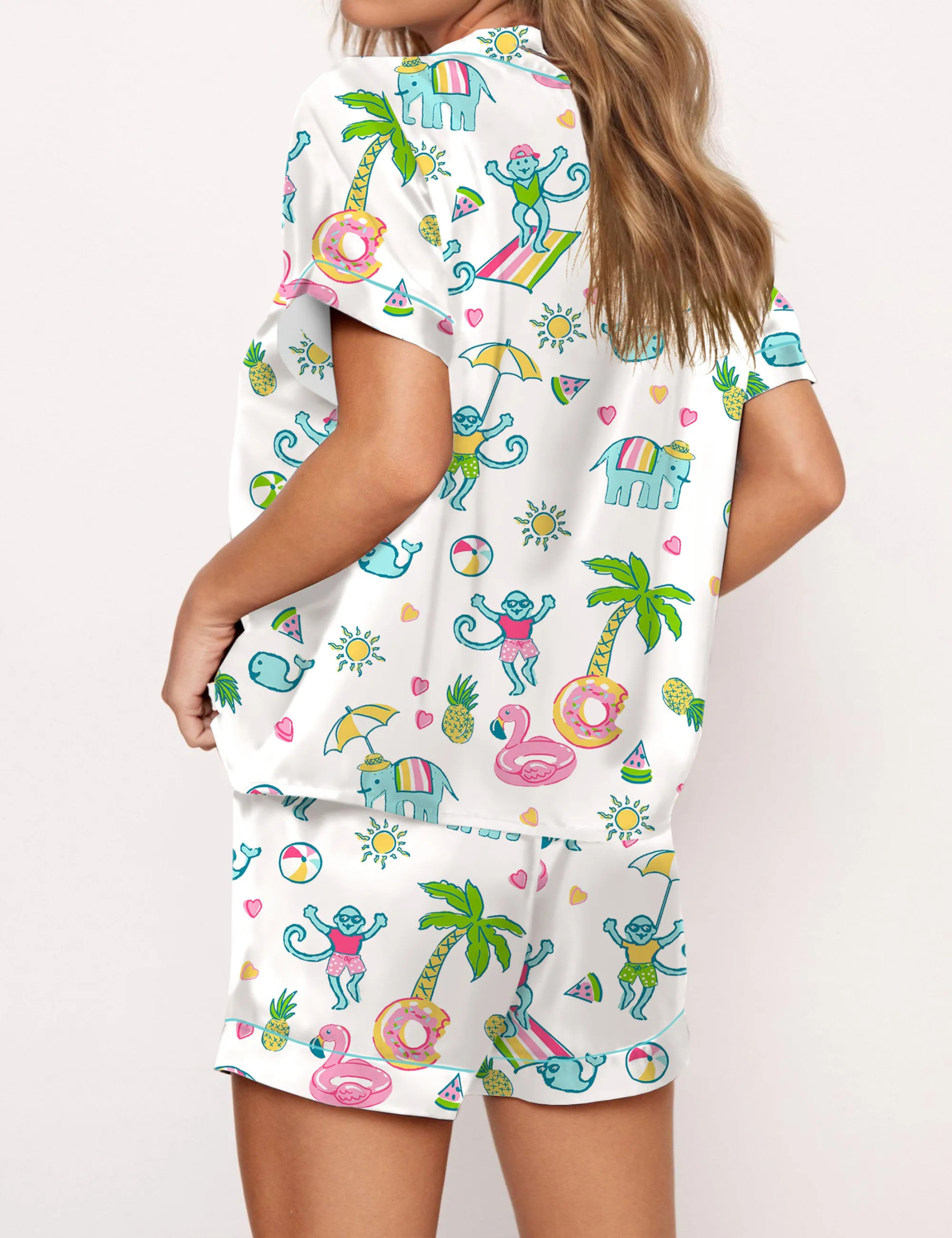 Pool Party Monkey Satin Pajama Set For Women
