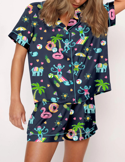 Pool Party Monkey Satin Pajama Set For Women