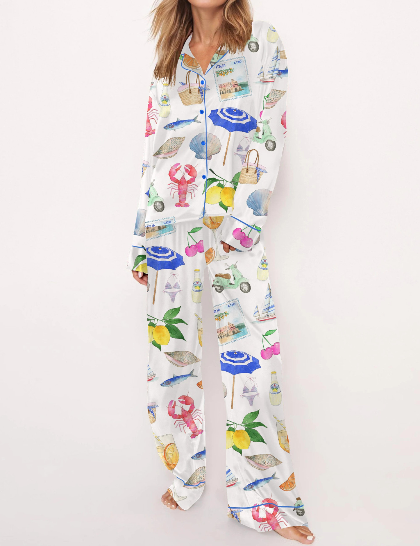 Amalfi Coast Italy Summer Satin Pajama Set For Women