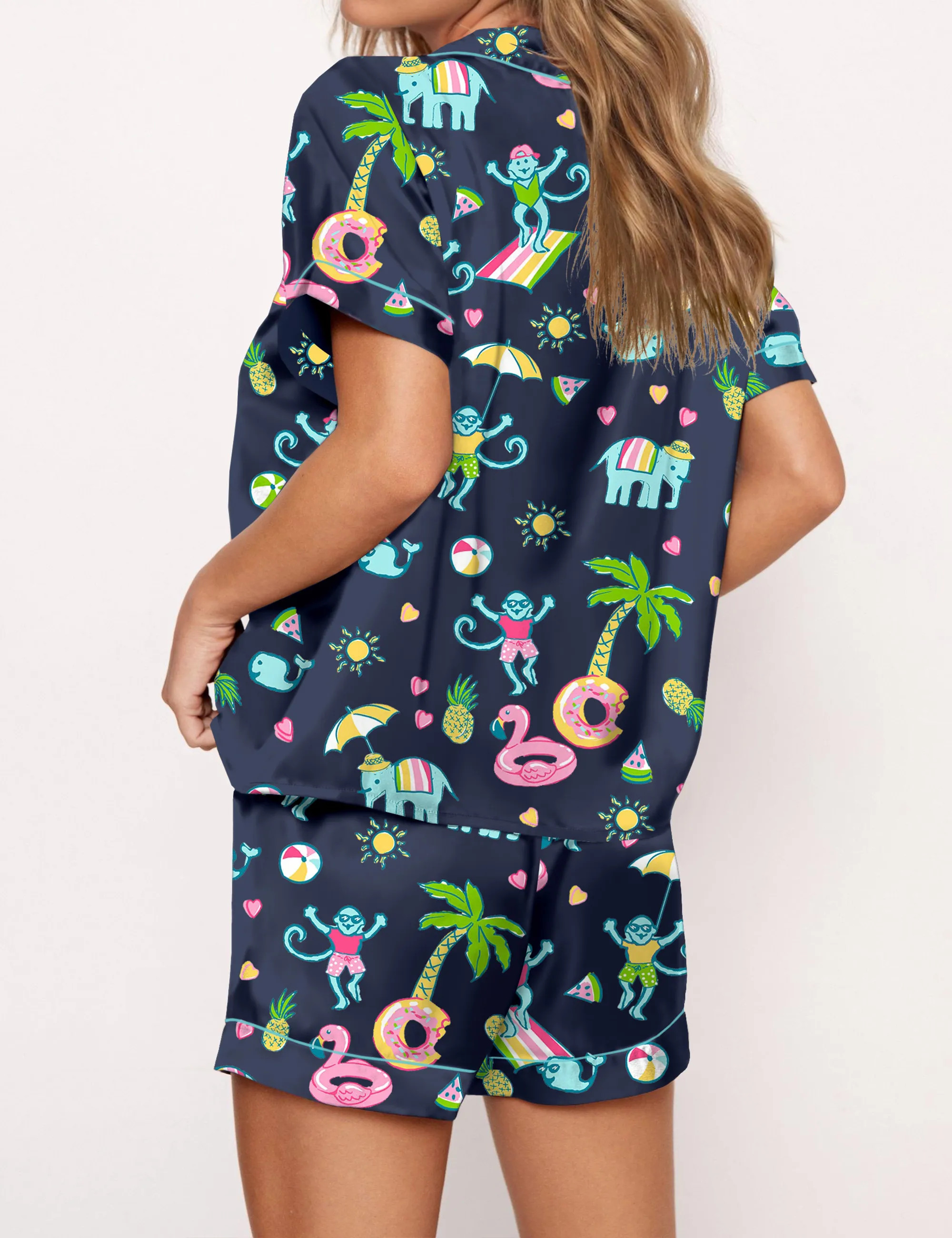 Pool Party Monkey Satin Pajama Set For Women