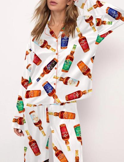 Full Set Of Kentucky Bourbon Whiskey Satin Pajama Set For Women