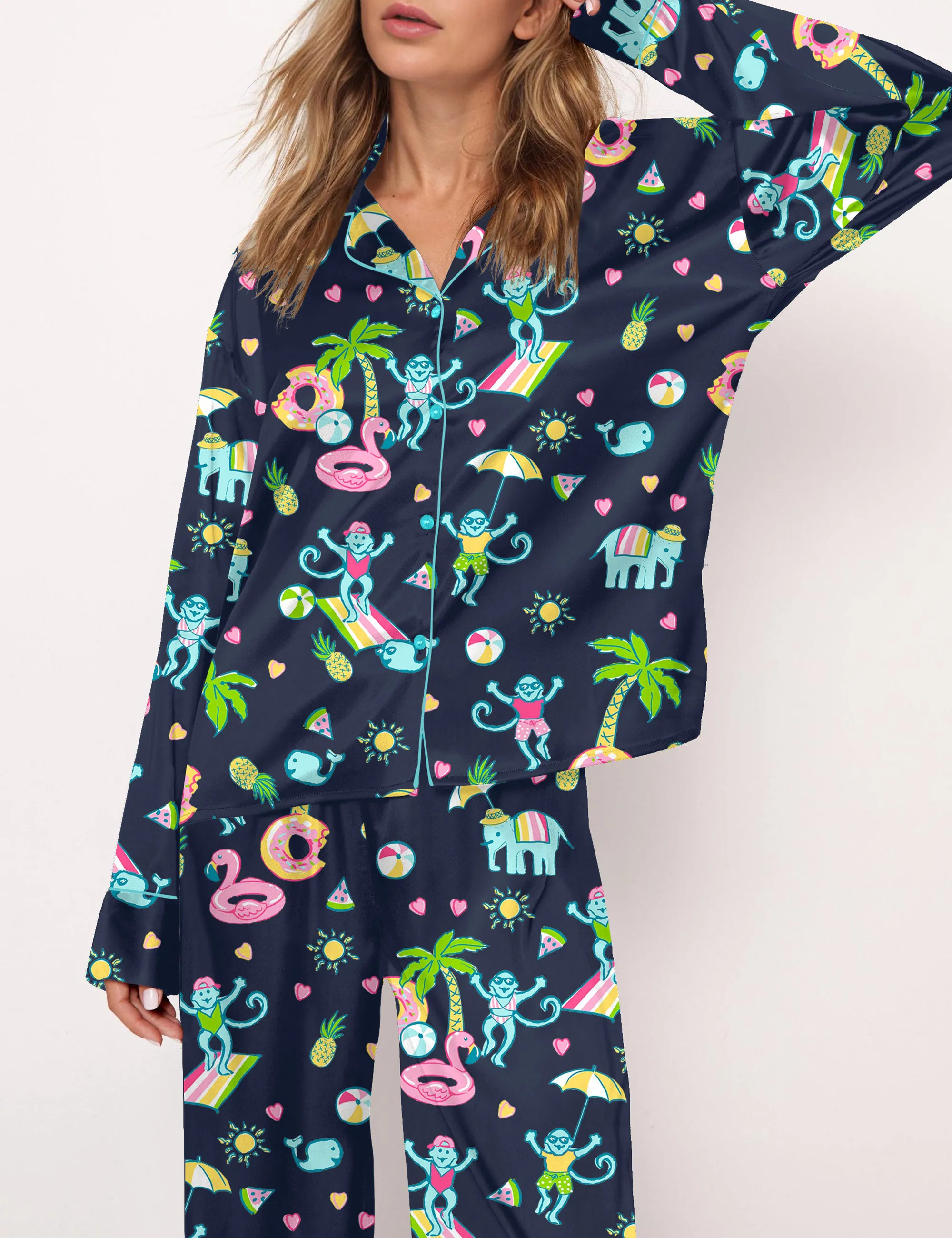 Pool Party Monkey Satin Pajama Set For Women