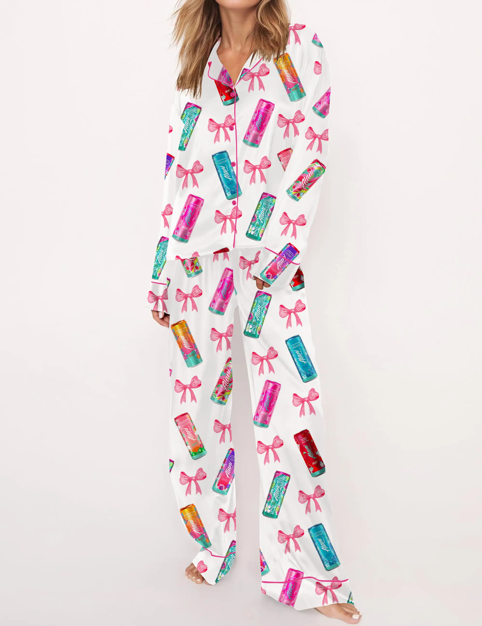 Summer Energy Drink Silky Satin Pajama Set For Women