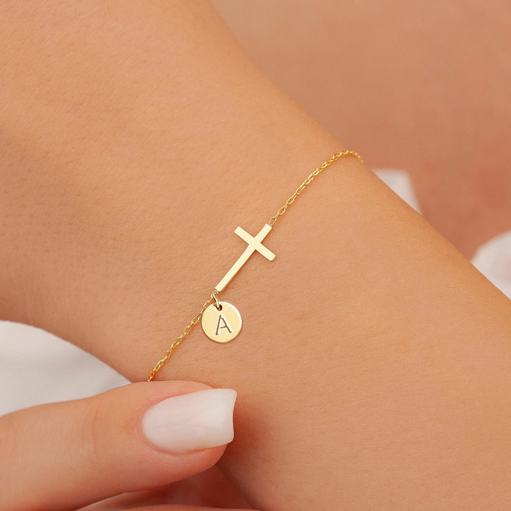 Personalized Cross Initial Disc Bracelet