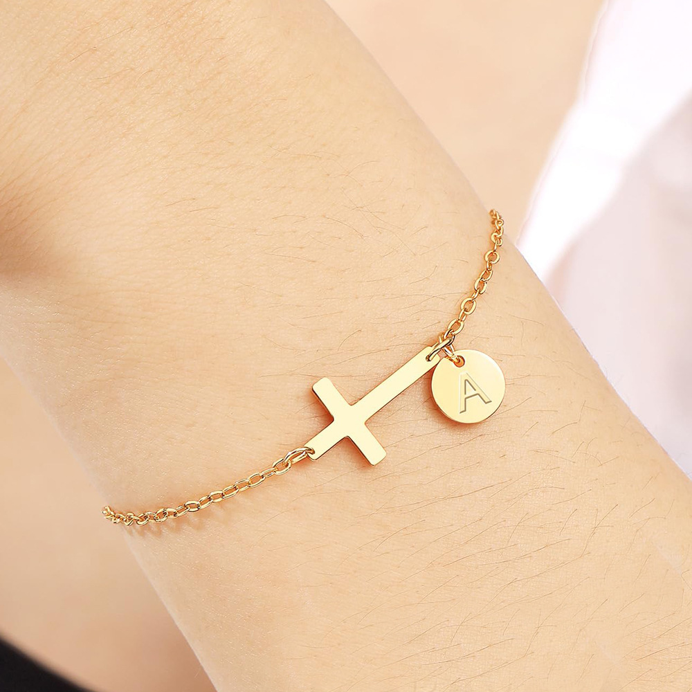 Personalized Cross Initial Disc Bracelet