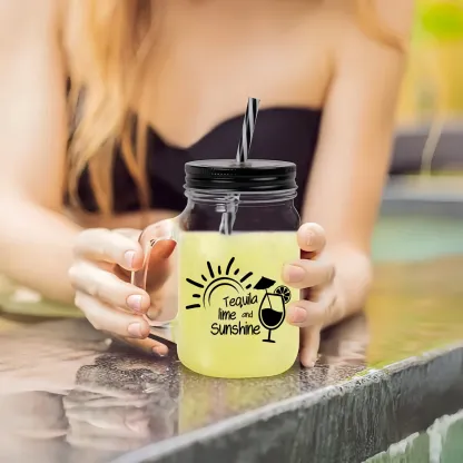 Personalized 16oz Summer Vibe Mason Jar with Handle Lid and Straw Beach Party Birthday Gift for Women