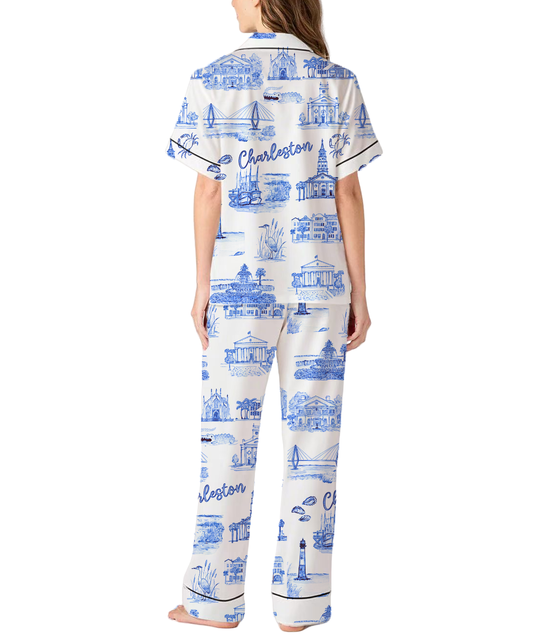 Charleston Toile Silky Satin Pajama Pants Set For Women