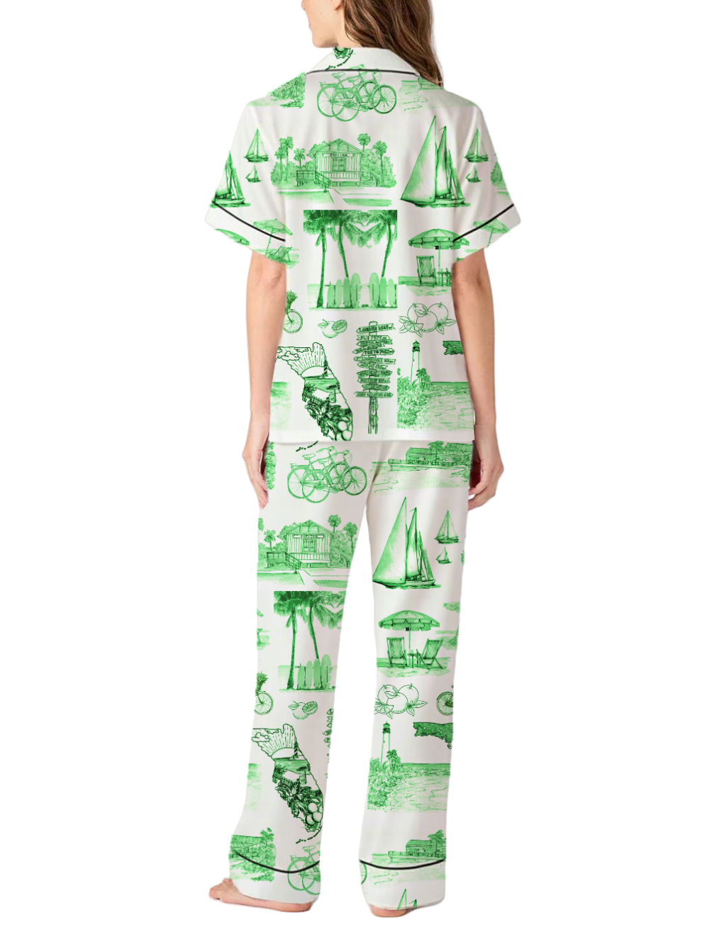 Florida Toile Silky Satin Pajama Pants Set For Women