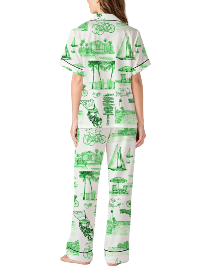 Florida Toile Silky Satin Pajama Pants Set For Women