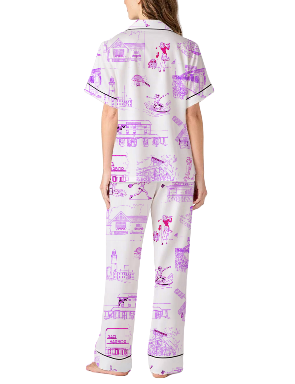 Hamptons Toile Silky Satin Pajama Pants Set For Women