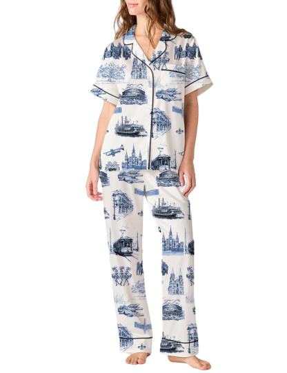 New Orleans Toile Silky Satin Pajama Pants Set For Women