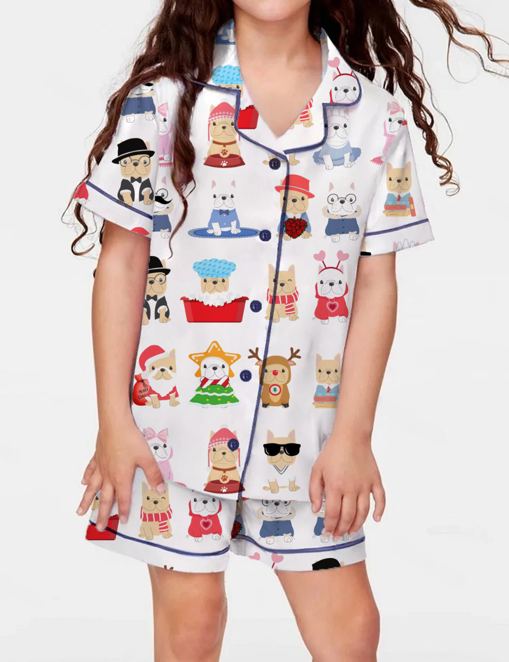 Cute French Bulldog Kid's Short Sleeve  Silky Satin Pajama Set 