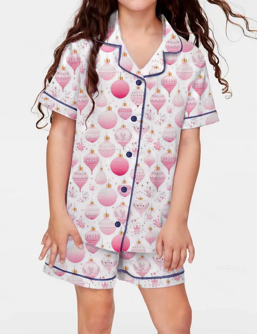 Pink Christmas Kid's Short Sleeve  Silky Satin Pajama Set 