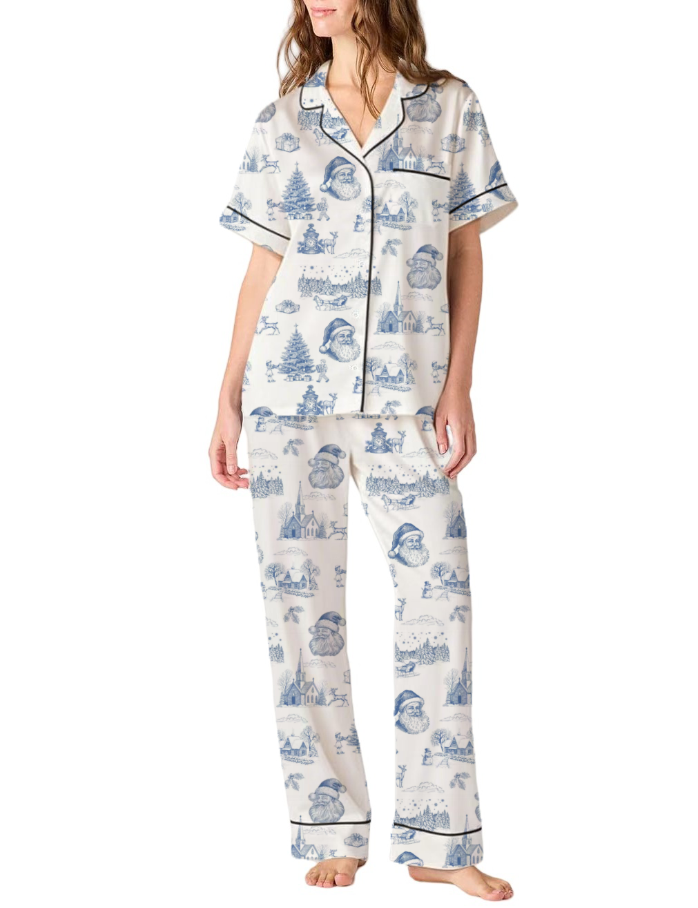 Christmas Vintage Chinoiserie Silky Satin Pajama Pants Set For Women