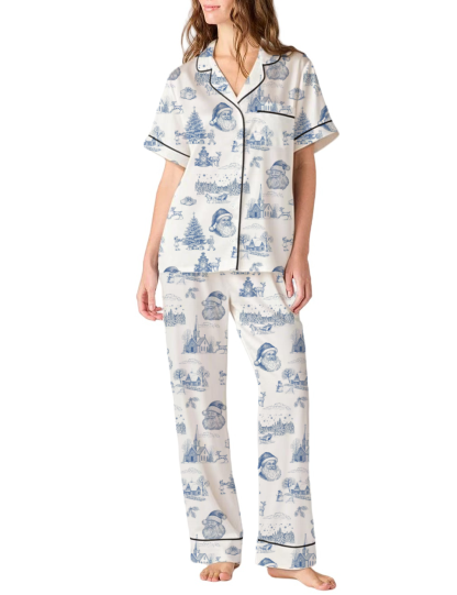 Christmas Vintage Chinoiserie Silky Satin Pajama Pants Set For Women