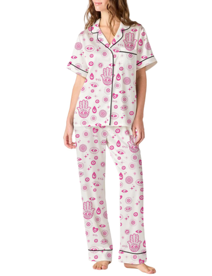 Pink Evil Eye Silky Satin Pajama Pants Set For Women