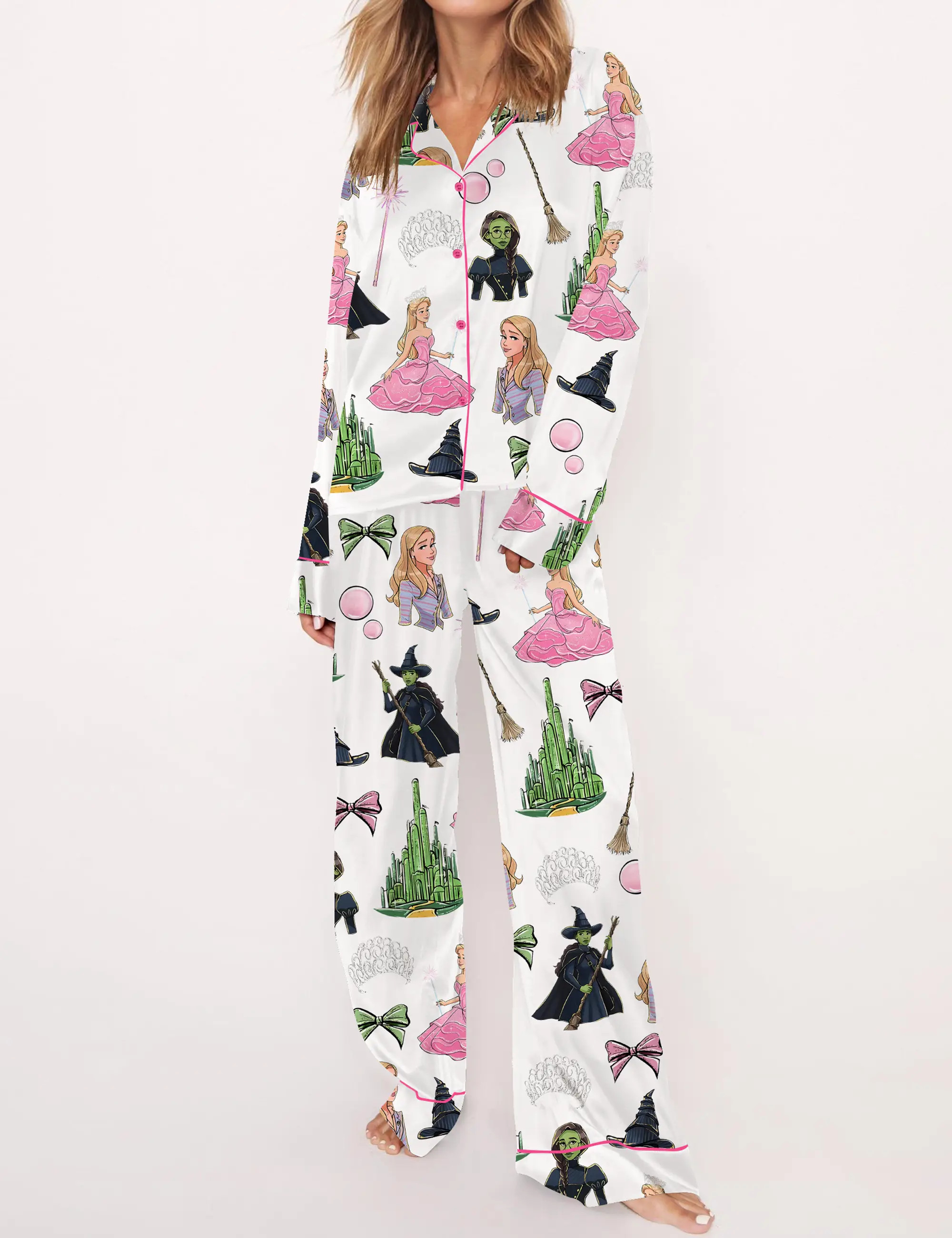 Elphaba And Glinda Glitter Silky Satin Pajama Set For Women