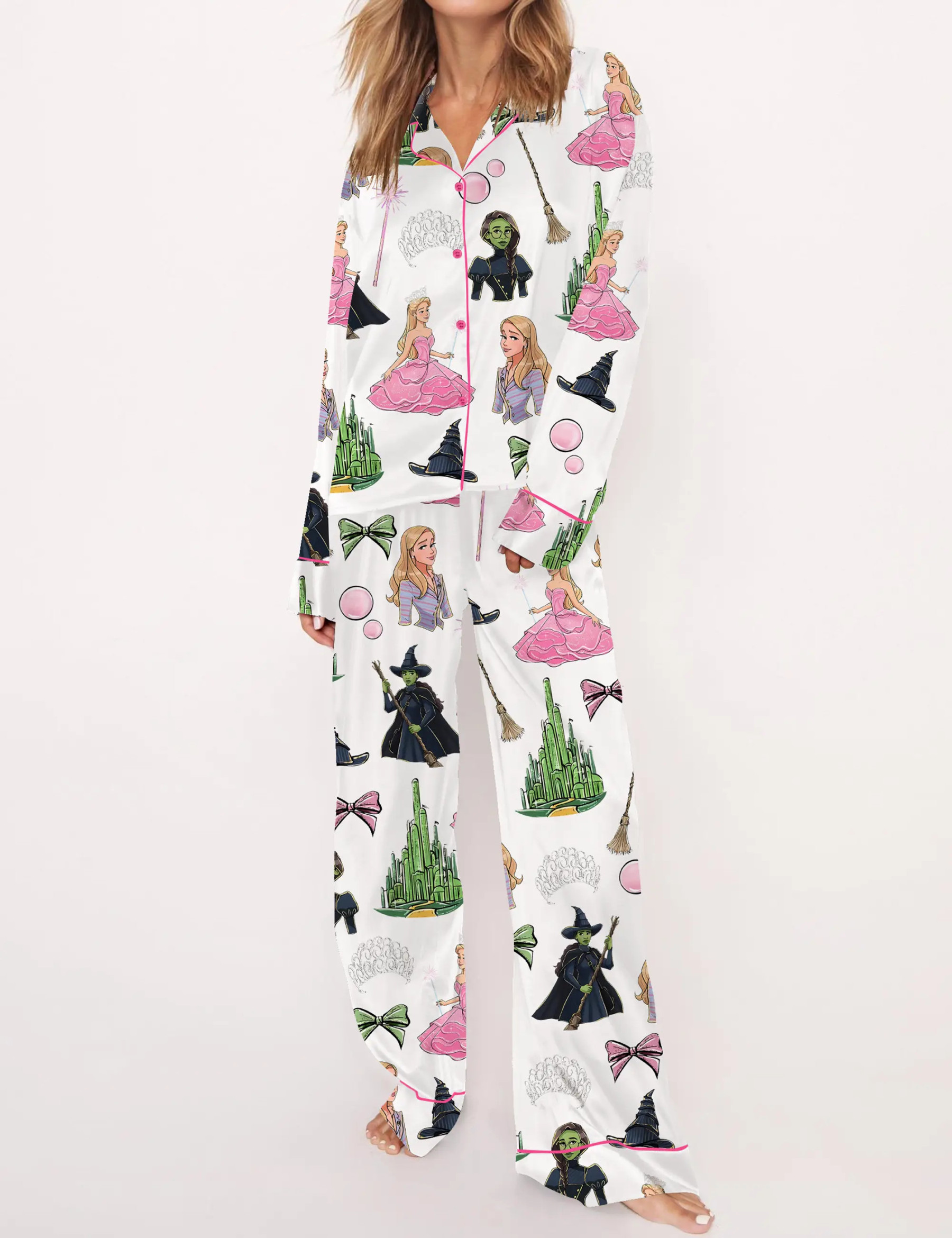 Elphaba And Glinda Glitter Silky Satin Pajama Set For Women