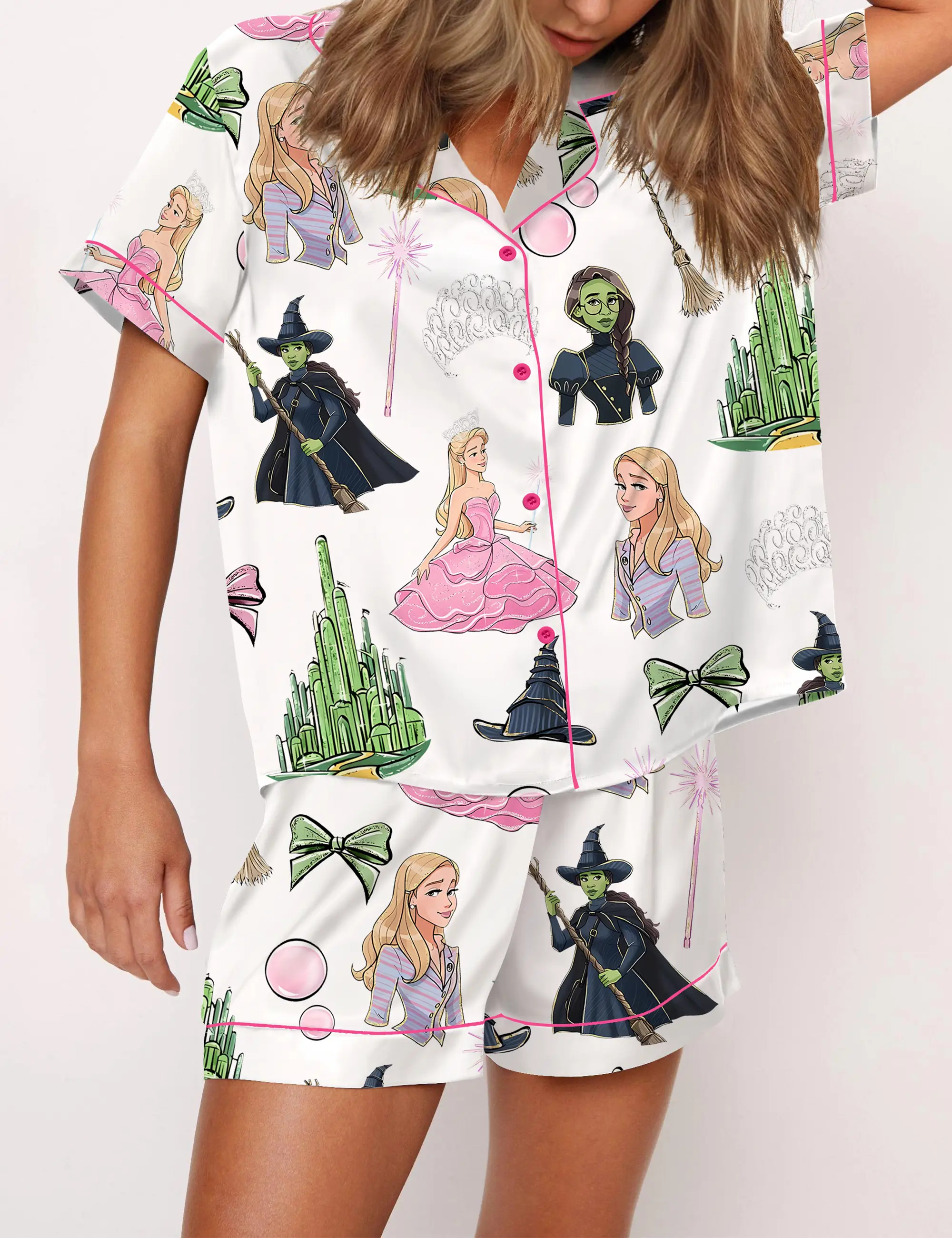 Elphaba And Glinda Glitter Silky Satin Pajama Set For Women