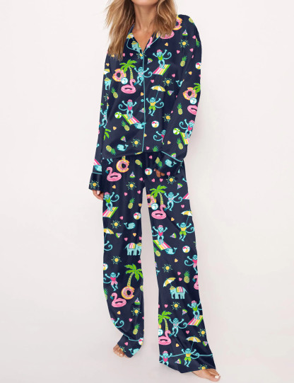 Pool Party Monkey Satin Pajama Set For Women
